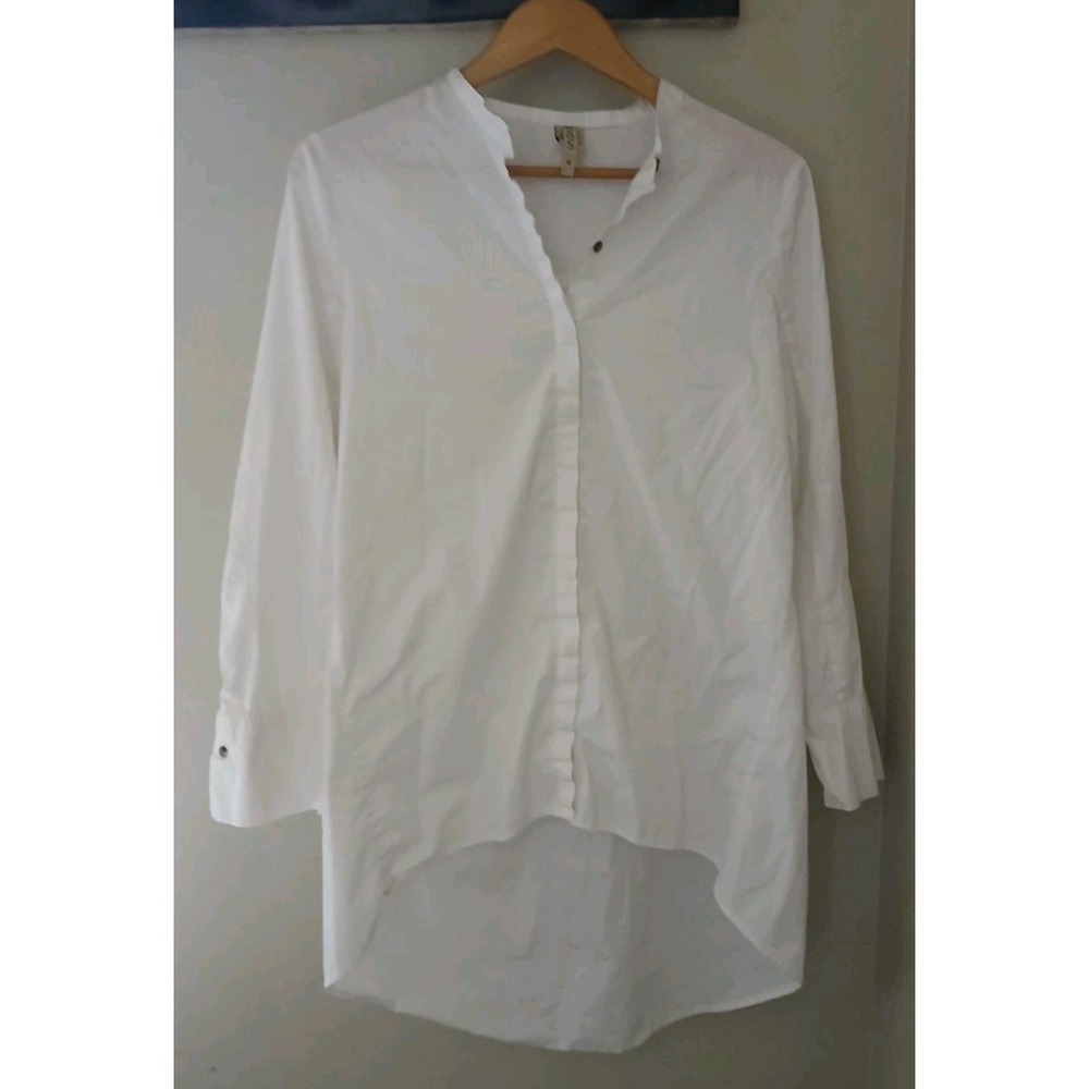 XCVI Mandarin Collar Tunic Top Size Medium White Button Up Minimalist Lagenlook
